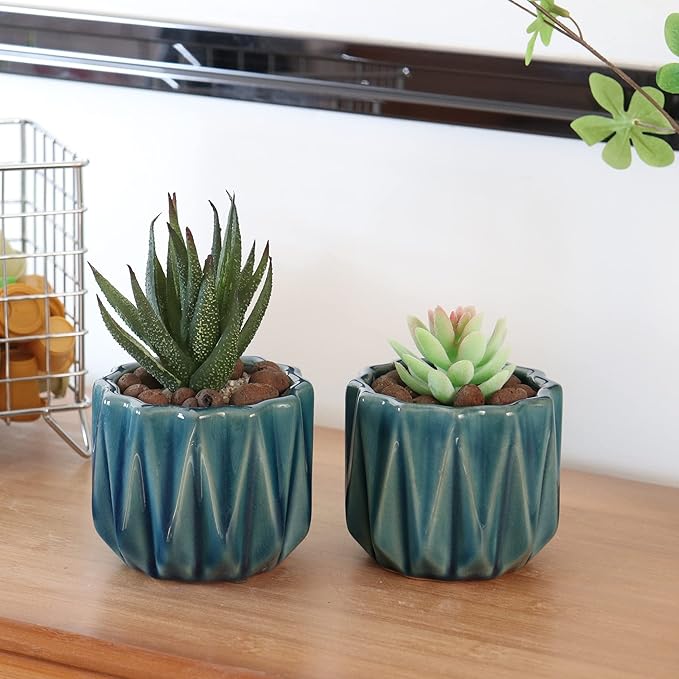 Plant Pot 4 Inch Ceramic Pots, Set of 2 Flower Pots Crackle Glaze Small Planters Pots with Drainage Hole and Mesh Pads for Indoor Outdoor Gardern Pots Succulent, Cactus, Herbs (Green)