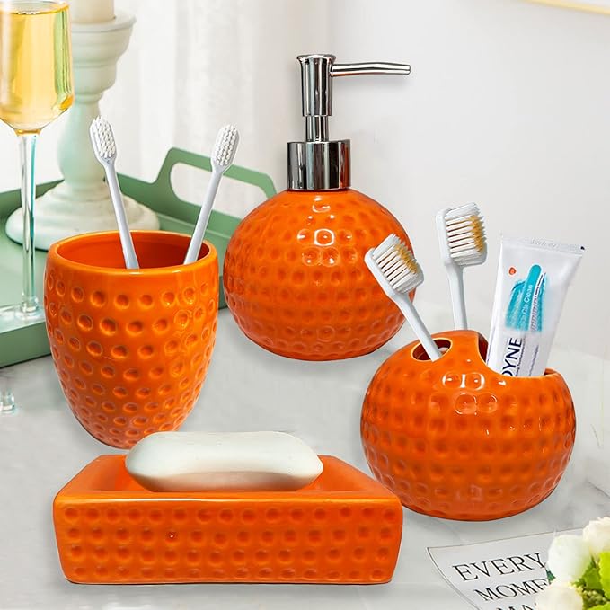 Bathroom Accessory Set Orange,4 Pieces Ceramic Bathroom Decor Accessories Complete Set,Includes Bathroom Soap Dispenser Set,Toothbrush Holder Set,Tumbler,Soap Dish