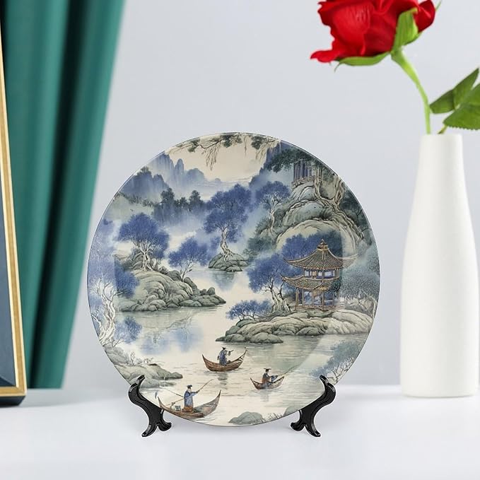 Asian Scenic in Blue And Kelly Green Chinoiserie Ceramic Decorative Plate, Ceramic Ornaments Dessert Plates for Table Kitchen Decor, with 1 Display Stand Art Decorations for Festival Art Decoration