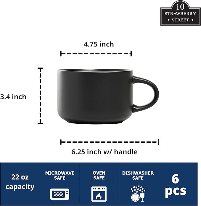 10 Strawberry Street Wazee Matte 4.75"/22 oz Oversized Mug, Set of 6, Black