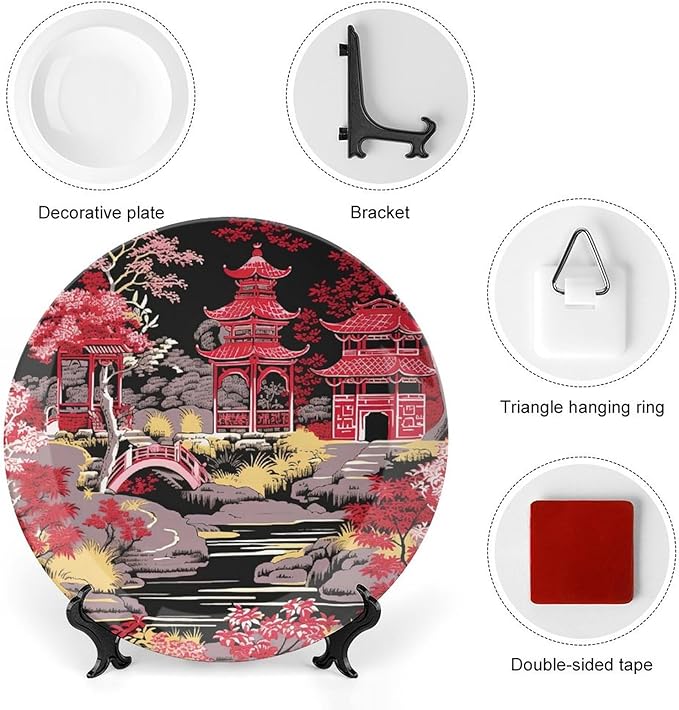 China Plates Chinoiserie Charcoal Coral Pagoda Asian Personalized Decor for Club Housewarming Gifts Festival Household Dinner Plates with Display Stand And Hook Up, Multi Sizes, Gifts for Men Women