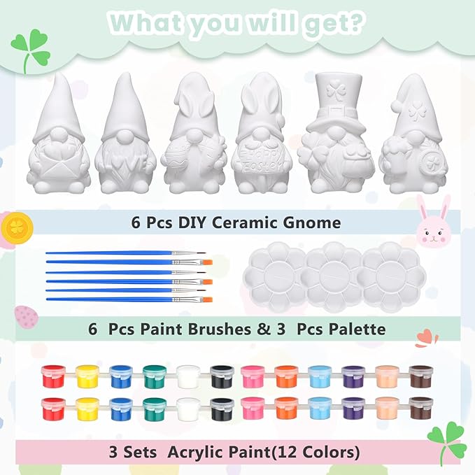 VioraWhite 6 Pcs Easter Gnome Ceramics to Paint Galentines Crafts Seasonal Holiday Ready to Paint Your Own Gnome Statues 4'' Mini Unpainted St. Patrick's Day Valentine Ceramics Figurines to Painting