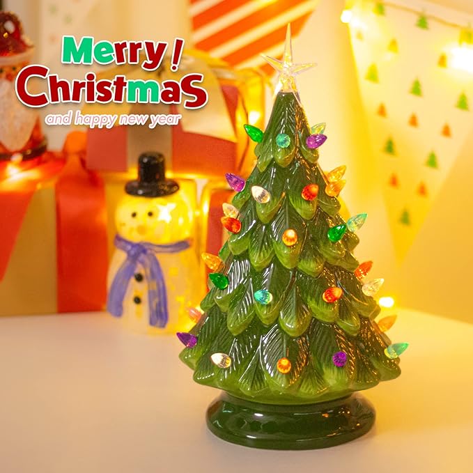 VCUTEKA Small Ceramic Christmas Tree Hand-Painted Vintage Tabletop Green Christmas Tree Holiday Decoration with Multi-Color Lights 12.2 inch