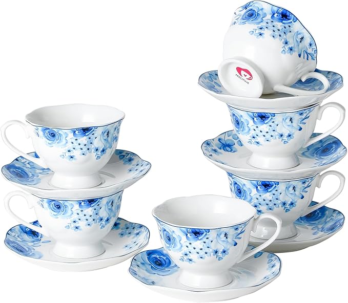 Porcelain Tea Cup and Saucer Set of 6 (12-Piece) - 6oz Cups with Classic Blue Floral Pattern for Tea Party, Dishwasher & Microwave Safe