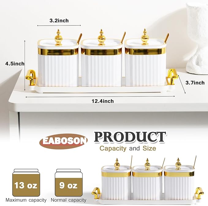 3 Pack Gold Condiment Spice Jars with Lids, Spoons, Tray - Plastic Seasoning Box Set for Salt, Pepper, Sugar - Kitchen Storage
