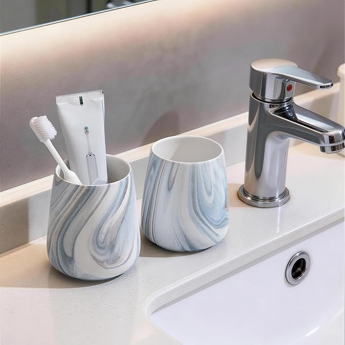 Marble Blue Toothbrush Holder for Bathroom - Ceramic Tooth Brushing Holders, Toothbrush Cup, Toothpaste Organizer for Bathroom Countertop, Makeup Brush Holder, Pen Holder for Home Desktop Storage