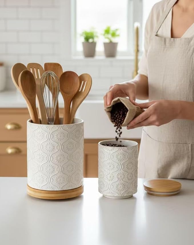 TEATALK Ceramic Utensil Holder Set, 360° Rotating Organizer for Countertop, Farmhouse Vintage Style, Large and Small Crocks in White，7.7"+5.7"