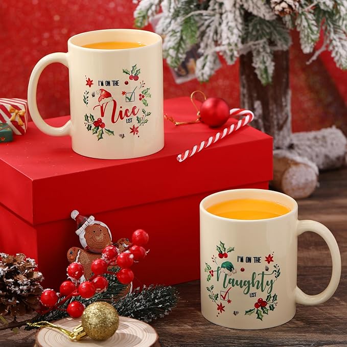 Sliner 11 oz Christmas Ceramic Coffee Mugs Set of 2 Naughty Nice Coffee Cup Funny Gift Cute Festive Ceramic Tea Cup Xmas Holiday Birthday Gifts for Men Women