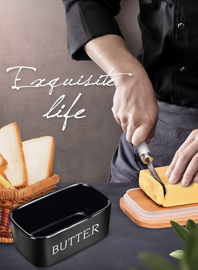 Butter Dish with Lid: Large Butter Dish for Countertop - Ceramic Butter Keeper Container with Knife and High Quality - Silicone Sealing Butter Box for Home Decor Good Kitchen Gift Black
