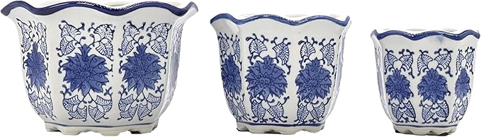 Galt International Blue & White Floral Porcelain Ceramic Decorative Flower Pot 8"/6"/4.5" Garden Pots Chinese Asian Design - Set of 3 Round Fluted