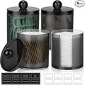 4 Pcs, Acrylic Qtip Holder Dispenser for Cotton Swab, Ball, Round Pads, Floss Picks - Clear Plastic Apothecary Jar Set, Bathroom Canister Decor Storage Accessories, Vanity Makeup Organizer, Black