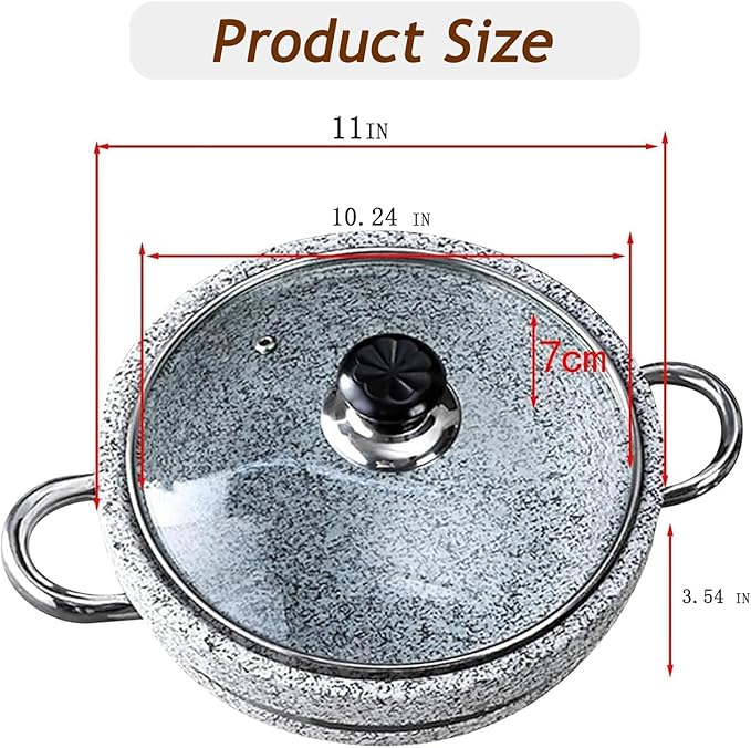 Korean Stone Bowl Induction Base with Glass Lid, Thicken Stone Bowl Hot Pot for Bibimbap Soups, Cookware Granite Stone Bowl with Wood Base, 11in with Tray