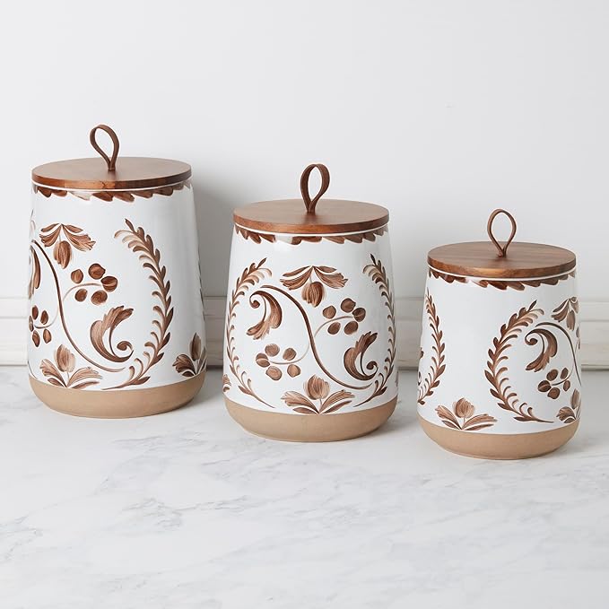 TTU Tabletops Gallery Ceramic Canister Collection- Stoneware Designed Kitchen Storage Acacia Wood White Set, 3 Piece Botanical Brown Canister Set