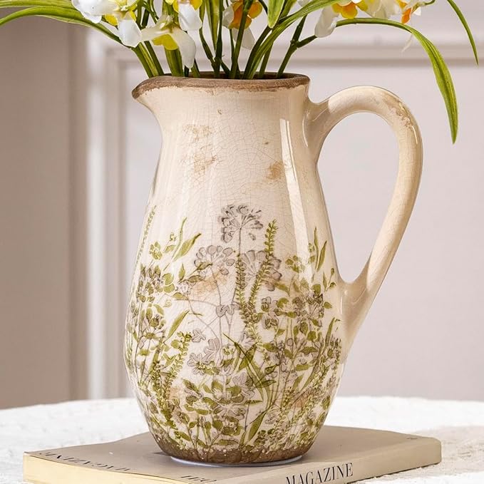 Vintage Green and Beige Ceramic Pitcher Vase with Handle, Farmhouse Floral Decorative Vase, Rustic Table Centerpiece for Home Decor, Living Room, French Country Grand Millennial Decor 8.7 in