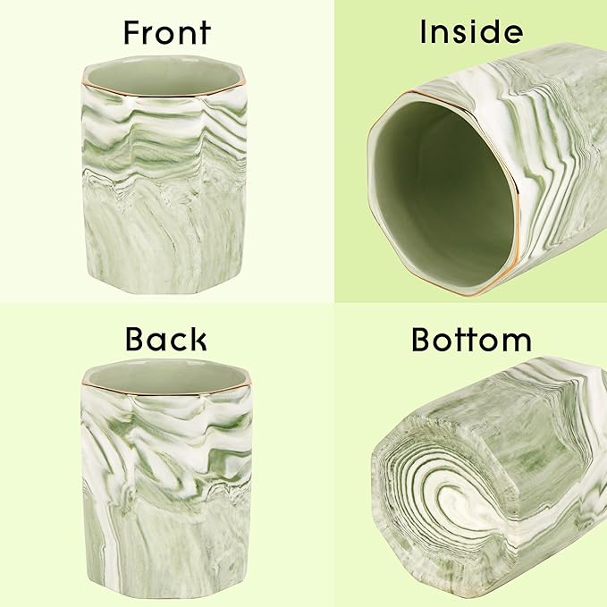 Green Marble Makeup Brush Holder– Round Ceramic Pencil Container with Gold Rim, Elegant Versatile Organizer for Vanity, Desk, or Bathroom
