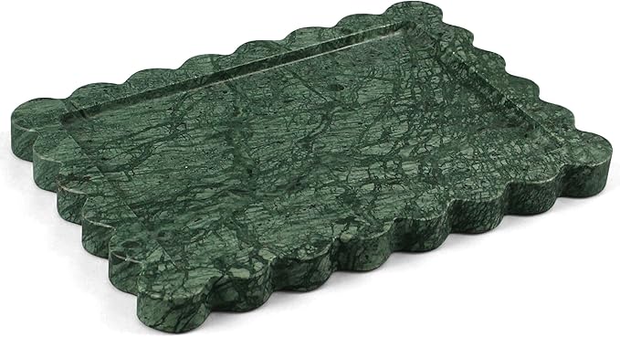 Real Natural Marble Tray, Luxury Scalloped Vanity Decorative Tray, Genuine Indian Green Stone Tray for Bathroom Dresser, Home Decor, Kitchen Storage, Non-Resin/Ceramic, 10.6" x 8", Green