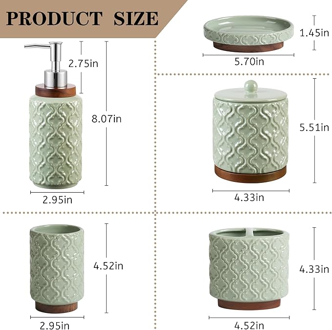 Elegant 5 PCS Ceramic&Wood Bathroom Accessories Set:Soap Dispenser,Toothbrush Holder,Tumbler,Soap Dish,Cotton Swab Jar,Easy to Clean,Quatrefoil Pattern,Green-Affordable Home Luxury