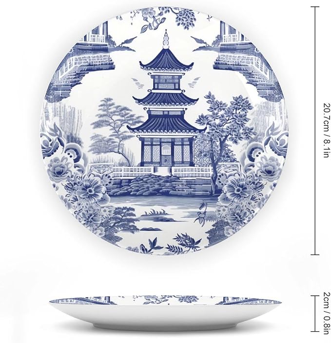 Chinoiserie Blue Asian Pagoda China Plates for Display Festival Wedding Supplies Wall Farmhouse Holiday Party Decorations Personalized Gifts for Men Women Christmas, 6", 7", 9", 10"