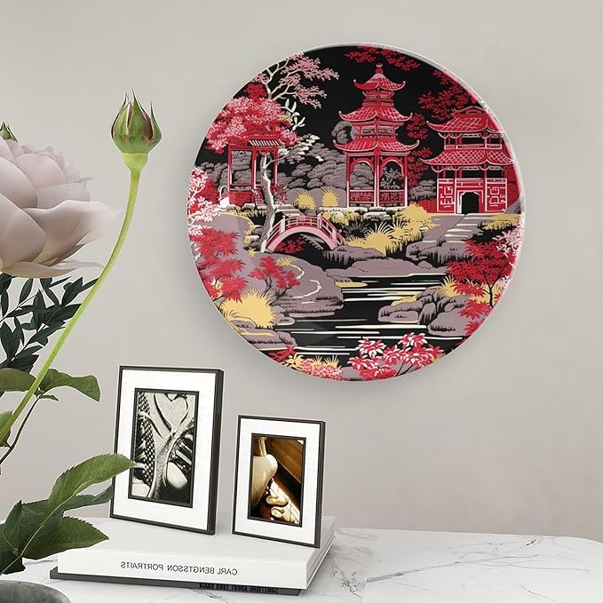 China Plates Chinoiserie Charcoal Coral Pagoda Asian Personalized Decor for Club Housewarming Gifts Festival Household Dinner Plates with Display Stand And Hook Up, Multi Sizes, Gifts for Men Women