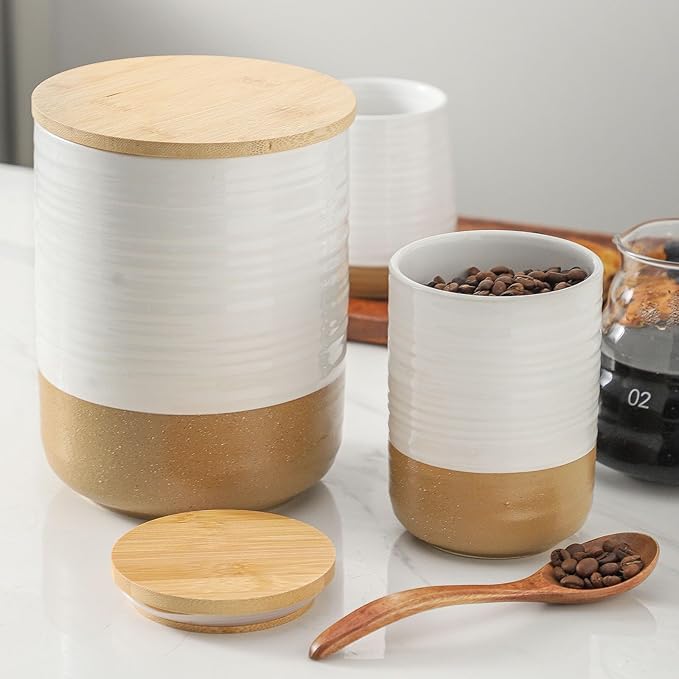 HASENSE Ceramic Kitchen Canisters with Bamboo Lids – 80oz & 24oz Storage Jars Set – 7.5" + 5.9" Airtight Pantry Containers for Tea, Coffee, Flour, Snacks – Modern Minimalist Design 2-Pack White