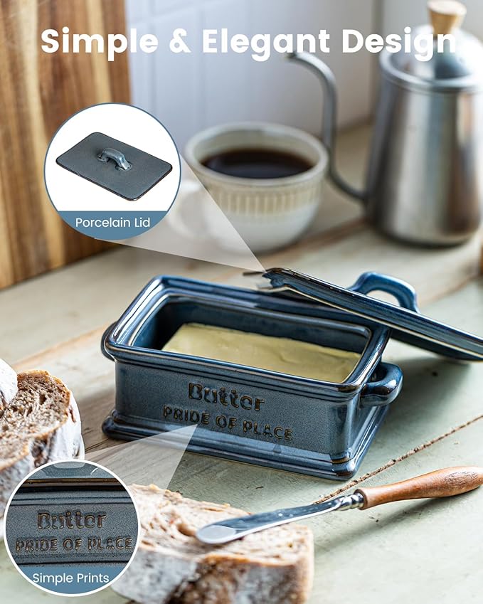 Butter Dish with Lid, Porcelain Butter Dish for Countertop Large Butter Keeper Butter Holder Container for East West Coast Butter, Farmhouse Decor for Mother's Day, Blue