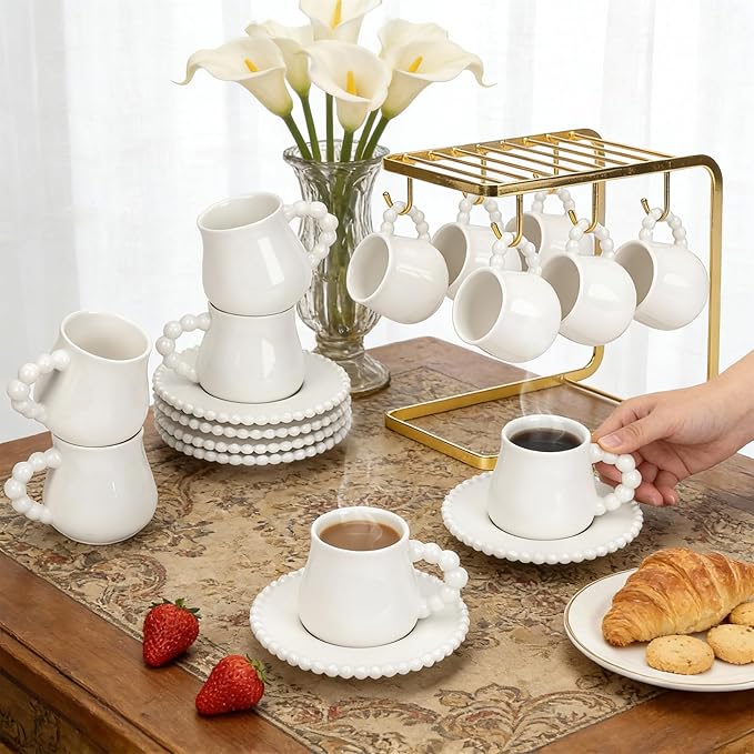Coffee Cup Set of 6 with Saucers, 3.5 OZ Ceramic Espresso Cups, Elegant Deco Turkish Coffee Cup Gift for Cappuccino, Latte, Cafe Mocha and Tea, Dishwasher & Microwave Safe (Pearl White)