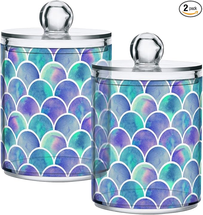 MNSRUU 2 Pack Qtip Holder Organizer Dispenser Watercolor Rainbow Scales Of Mermaid Bathroom Storage Canister Cotton Ball Holder Bathroom Containers for Cotton Swabs/Pads/Floss