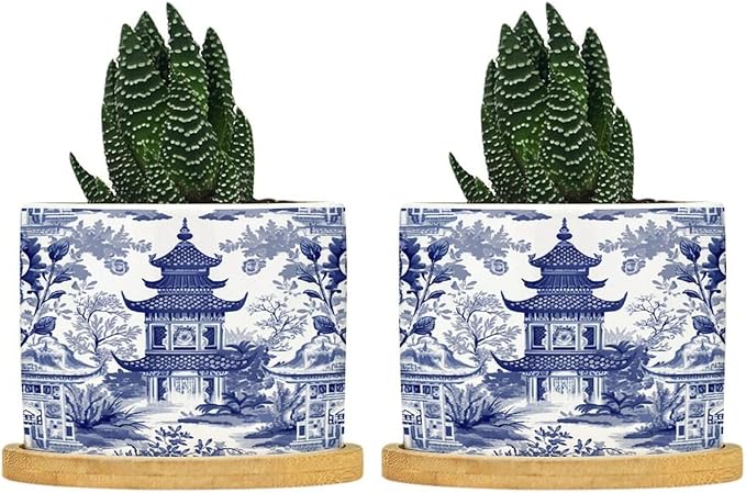 Chinoiserie Blue Asian Planters Ceramic Chinoiserie Chic Asian Round Plant Pots with Drainage Holes and Bamboo Tray Pot for Indoor Outdoor Garden