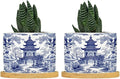 Chinoiserie Blue Asian Planters Ceramic Chinoiserie Chic Asian Round Plant Pots with Drainage Holes and Bamboo Tray Pot for Indoor Outdoor Garden