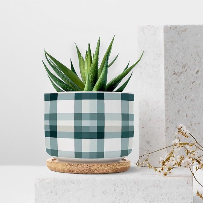 Sage Green Buffalo Plaid Planter Ceramic Green Buffalo Check Round Plant Pots with Drainage Holes and Bamboo Tray Pot for Pots Outdoor Indoor Plants