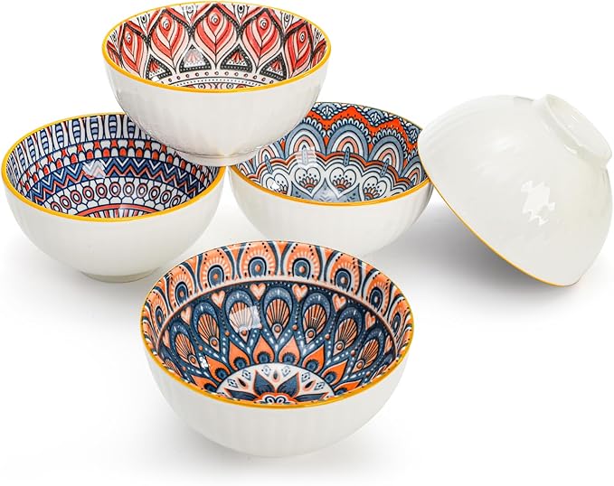 12 Pack Small Ceramic Bowls Set, 10Oz Colorful Dessert Bowl, 4.5Inch Ice Cream Bowls, Porcelain Boho Decorative Bowl for Snack Soup Condiments, Side Dishes, Kitchen, Microwave Safe (4 Styles)