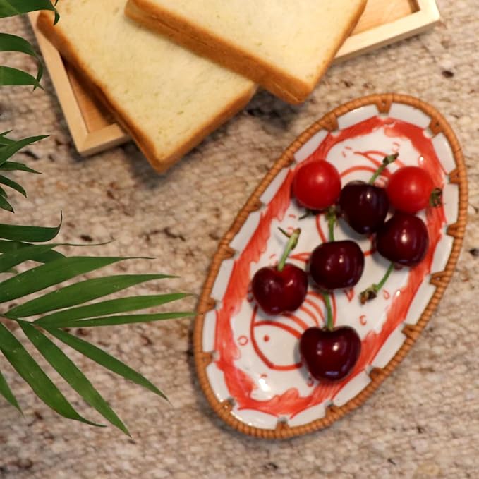 Rattan Ceramic Tray, Oval Fruit/Bread/Cookie/Jewelry Small Storage Porcelain Serving Plate, Vintage Decorative Display Plate for Coffee Table Home Decor Wedding Party Gift (Red Fish)