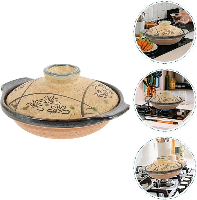 Hemoton Japanese Ceramic Donabe Pot, 7.99 Inch Brown Clay Casserole with Lid, Heat-Resistant Stew Pot for Soup, Rice, and Braised Dishes, Fish Grass Pattern for Home Cooking