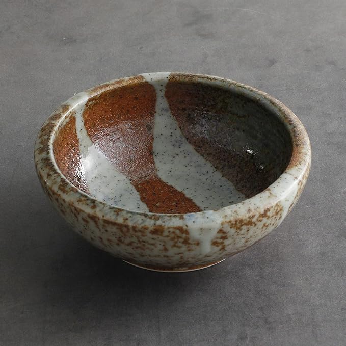 Wazakura Minoyaki Series Small Round Glazed Ikebana Flower Vase Made in Japan, Handpainted Floral Arrangement Pottery Supplies (White Stripe and Terracotta)