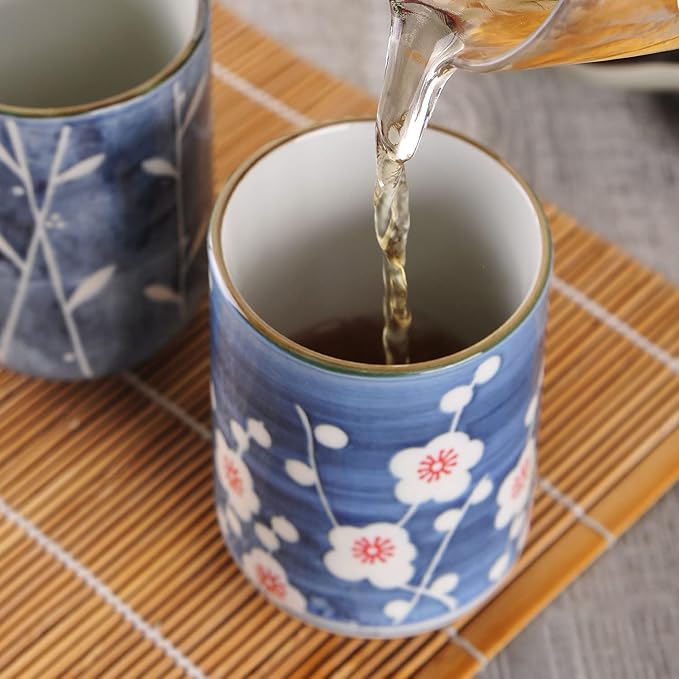 WHJY 10oz Transitional Chinese/Japanese style Handle-less Ceramic Tea cups teacup, Cherry Bloom & Rush straw in Blue Sky Pattern Set of 2