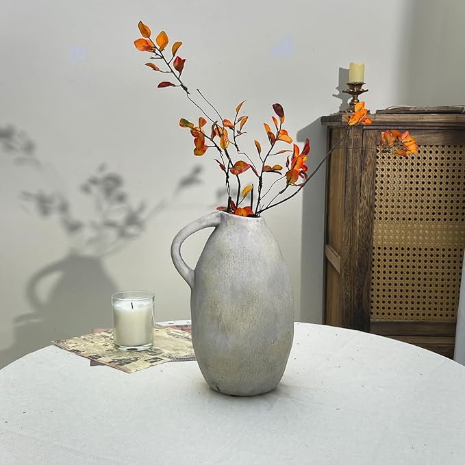10.3 Inch Ceramic Rustic Farmhouse Vase with Handle, Vintage White Grey Pottery Flower Vase, Rustic Vase for Home Decor, Farmhouse Kitchen, Bedroom, Wedding, Thanksgiving Centerpiece