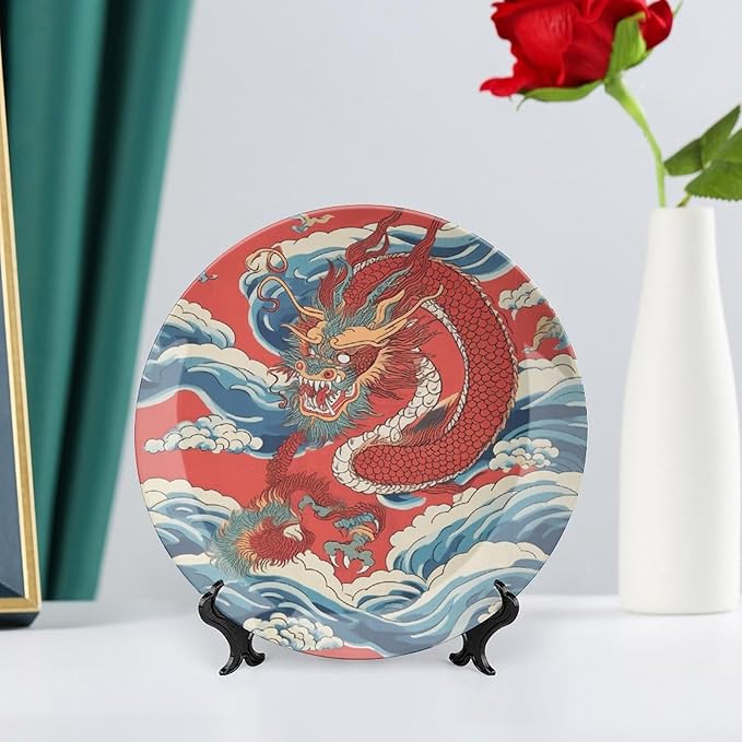 Vintage Plates Red Dragon Chinoiserie Asian Inspired Personalized Decor for Display Home Art Decoration Club Hanging Decorative Tiles with Vertical Stand, Multi Sizes by Choosing, Gifts for Men Women