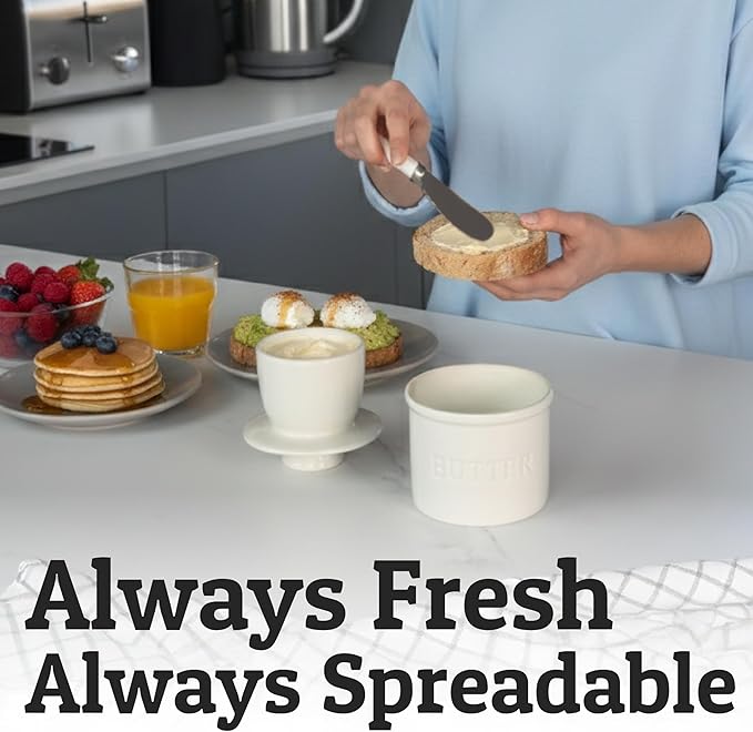 Priority Chef Butter Crock with Lid with Water Line, Ceramic French Butter Dish to Leave On Counter, White