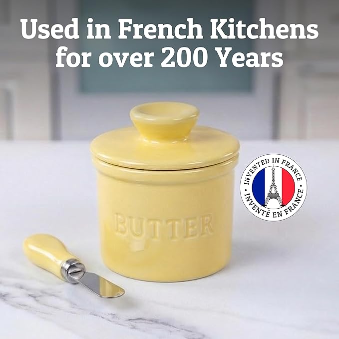 PriorityChef Butter Crock with Lid with Water Line,Ceramic French Butter Dish to Leave On Counter, Pastel Yellow