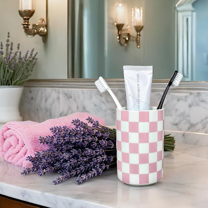 Ceramic Toothbrush Holder, Pink Toothbrush Holders for Bathrooms, Modern Cute Girly Tooth Brush Tumbler, Toothbrushes Toothpaste Cup for Bath Countertop Storage, Girls Bathroom Decor