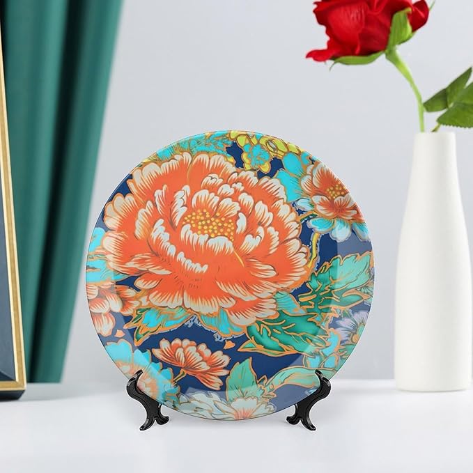 Chinoiserie Peony Floral Plates Ceramic for Display Chinoiserie Peony Floral Household Table Supplies Farmhouse Festival Holiday Party Decorations Custom Gifts for Men Women Wedding, 6", 7", 9", 10"
