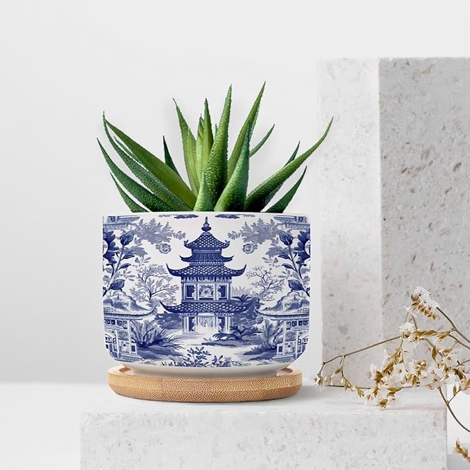 Chinoiserie Blue Asian Ceramic Planter Chinoiserie Chic Asian Planters for Outdoor Plants with Drainage Holes and Saucers Pot for Succulents Cactus Garden Windowsill