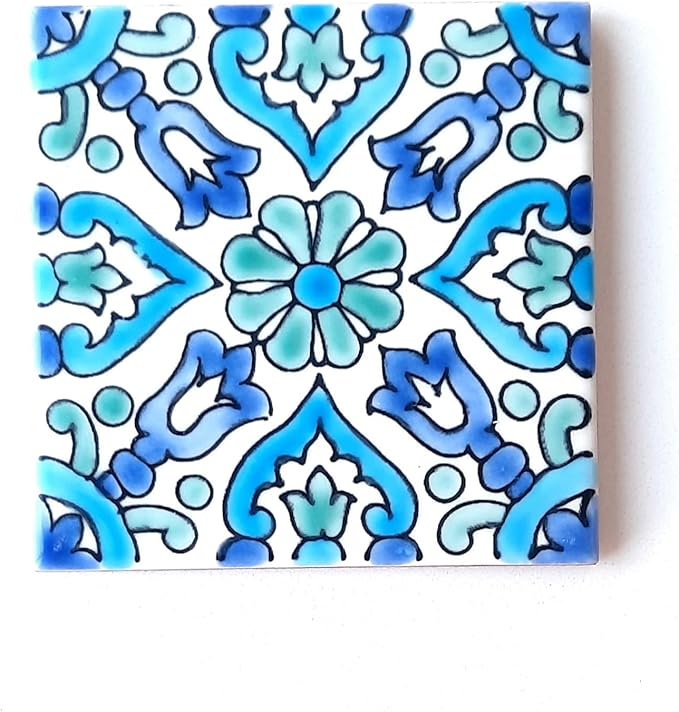 DŸARI Decorative Ceramic Tiles – Hand Painted Indoor & Outdoor Floor Tiles – Spanish Artisan Tile Top Kitchen – Mediterranean Decorative Tiles 4” × 4” – Durable Colorful Floor Tiles – 140 g (Eau V 2)