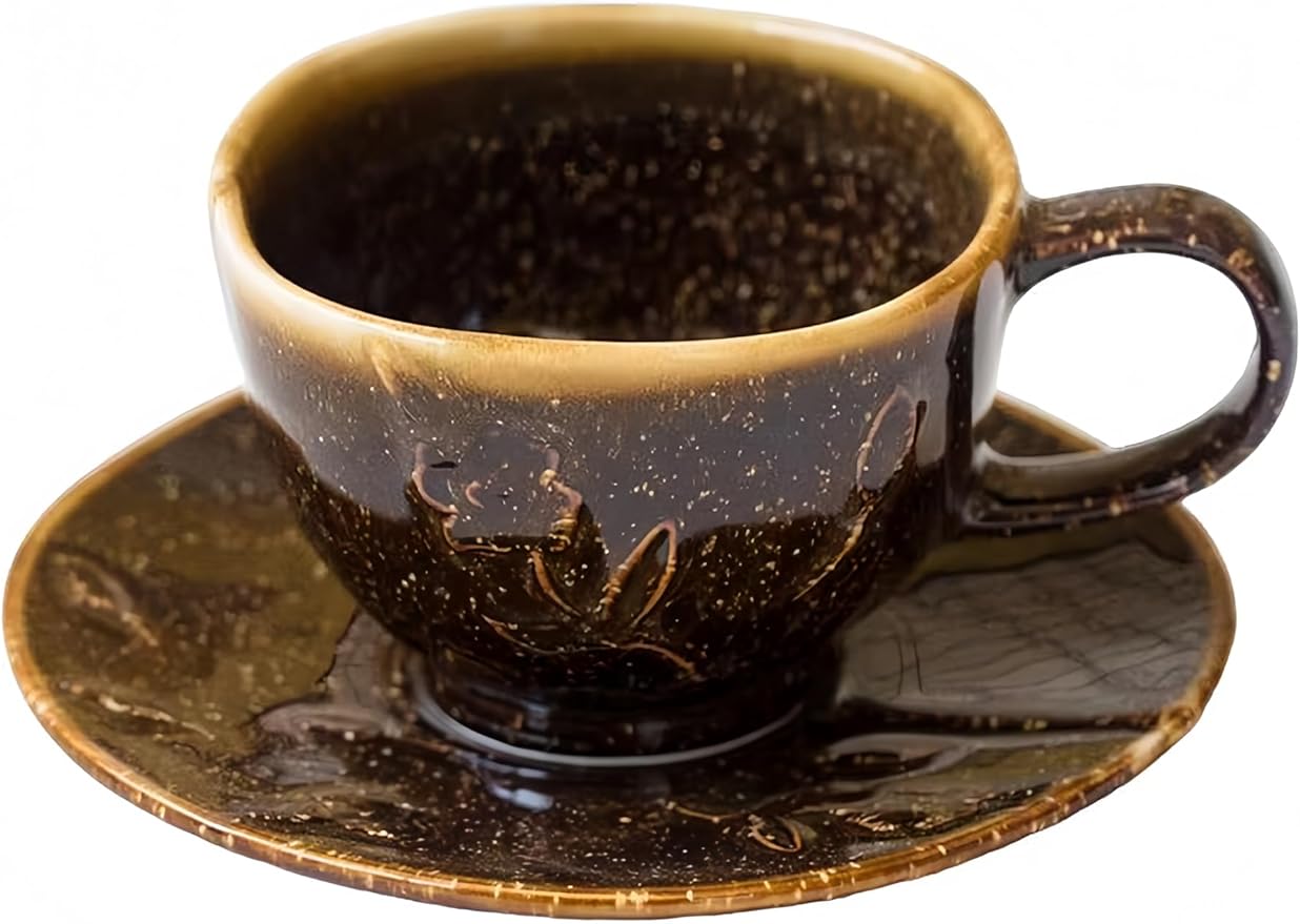 Ceramic Coffee Cup and Saucer Set 5.4oz (160ml), Brown Speckled Glaze Espresso Cup with Plate, Small Cappuccino Cup for Home, Café, Office