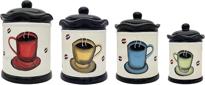 ACK Tuscany Colorful Coffee Bean Collection 4PCs Canister Set with Lid, Kitchen Storage Jar, Food Storage Container, Airtight Storage Container With Rubber Seal