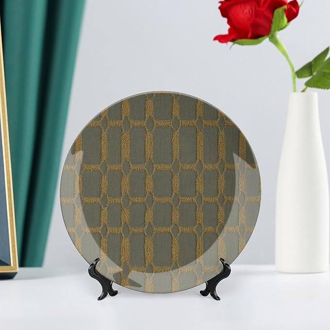 Geometric Ikat Check in Golden Decorative Plate of 6", 7", 8", 10", Custom Christmas Design Ceramic Hanging Decorative Plate Gifts Club Kitchen Decorations Display, Including Bracket And Special Hook