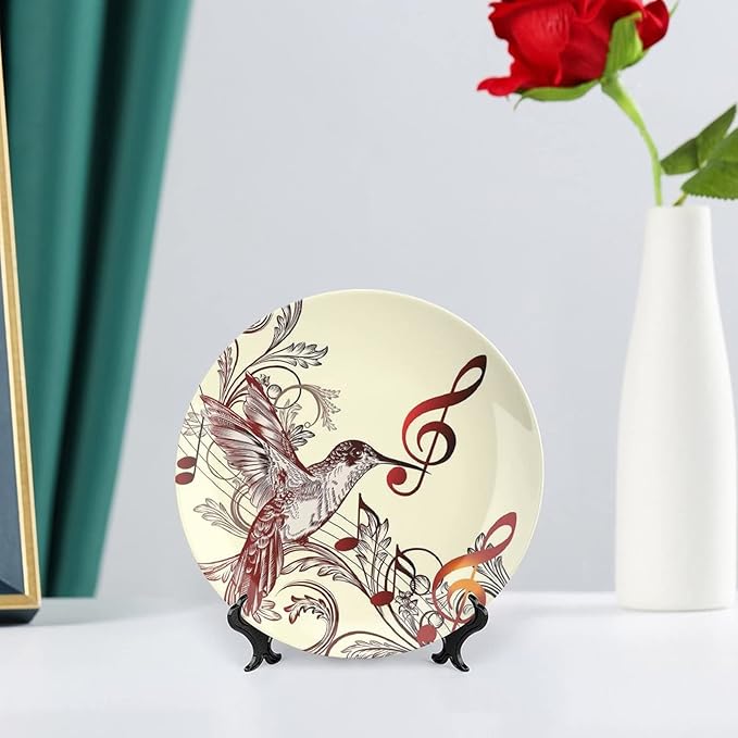 XISUNYA 6 Inch Decorative Plate, Hummingbirds Porcelain Plate, Flying Bird Musical Print Ceramic Wall Hanging Decor Accessory for Dining Table Tabletop Home Decor