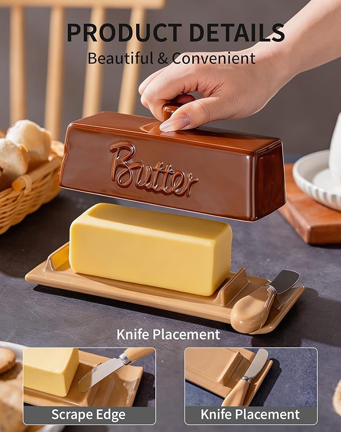 TEATALK Ceramic Butter Dish with Lid and Knife - Large Butter Holder, Farmhouse Style, 8-Inch Porcelain Butter Keeper with Scraper Edge,Brown