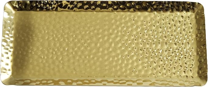 10x4inch Hammered Rectangular Tray, Stainless Steel Decorative Serving Tray, Gold Platter for Kitchen, Bathroom, Bar, Vanity Storage