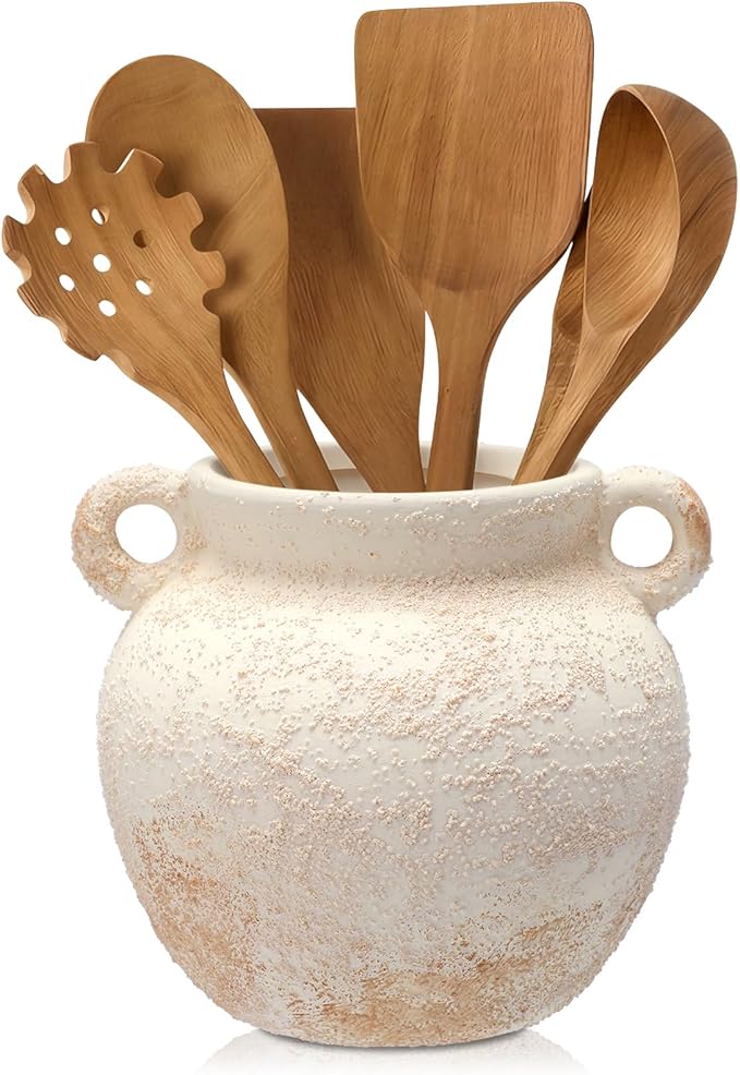 Qinyoung Rustic Kitchen Utensil Holder 6 Inch Small Ceramic Utensil Holder with Handle Vintage Crock Decoration Spatula Organizer for Kitchen Countertop Farmhouse Party Supplies(White,Elegant)